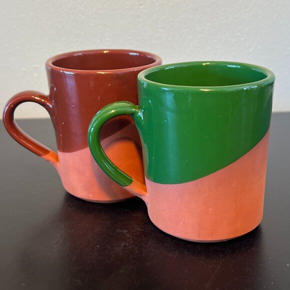 Handmade Other - Set of 2 Handcrafted Terra Cotta Pottery Coffee Mugs Asymmetrical Dipped Glaze
